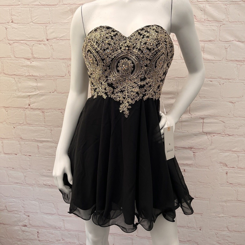 Babyonline Teen's Gold Lace Applique Short Mini Black Dresses Size 4